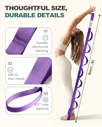 Trideer Non-Elastic Stretching Strap with Loops for Physical Therapy & Rehab, Knee Hip Leg ROM Post-Surgery, Yoga Strap for Stretching, Leg Lifter Strap Mobility Aid, Hamstring Calf Back - color: Purple/75"x1"