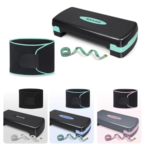 SAKAE Aerobic Step Platform Set with Waist Trimmer & Measuring Tape, Exercise Steppers for Home Exercise Fitness, Adjustable Height 2 Level Risers Workout Step Platform Trainer, Multiple Colors - color: Green