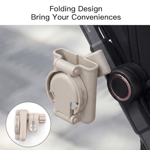 Gromast 2 in 1 Foldable Stroller Cup Holder + Phone Holder, 360°Rotatable with Adjustable Clip, Universal Cup Holder for Baby Stroller, Tricycle - Khaki - color: Khaki-2-in-1