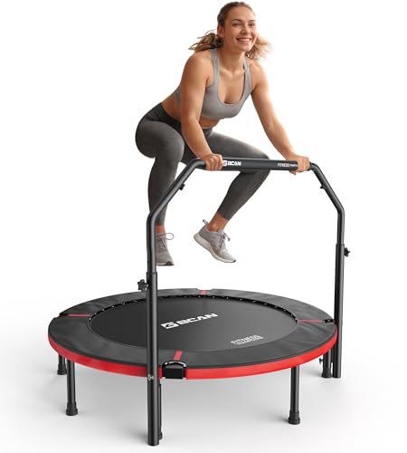 BCAN SP3 40/48" Exercise Rebounder Trampoline for Adults, Handlebar, Indoor - color: 48IN-U-Handle-Deep Red