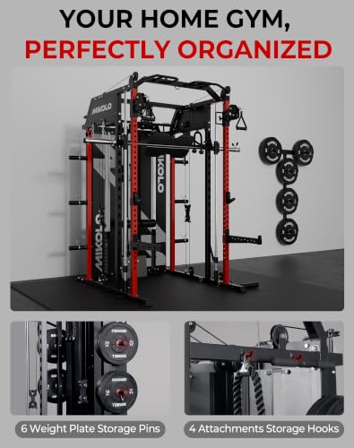 Mikolo Smith Machine with Weight Stack, Power Cage Home Gym System with LAT Pulldown & Cable Crossover, Multi-Functional Trainer with Dual Pulley System, Includes 10+ Free Attachments - color: Red