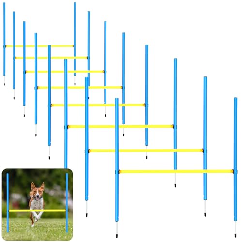Hollowfly 8 Set Dog Agility Jump Adjustable Dog Agility Hurdle Training Equipment Portable Jumper Hurdle Park Indoor Outdoor Exercise Tool 3.44ft High/ 2.95ft Wide(Blue and Yellow)