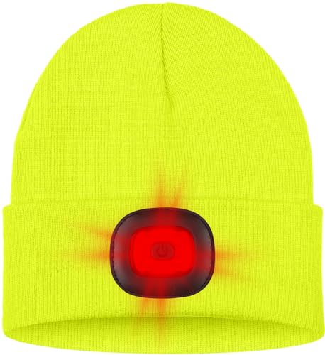 ATNKE LED Lighted Beanie Hat,USB Rechargeable 8 LED Red Glow Flashing Alarm Running Headlamp Cap Gifts for Men and Women - color: #Fluorescent Yellow