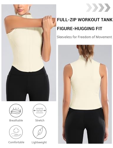 FEOYA Women Sleeveless Athletic Tank Top Shirts Full Zip Up Tshirt for Yoga Running Fitness Exercise - color: Upgrated Beige, size: Small