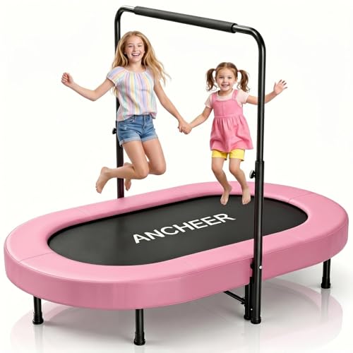 ANCHEER Trampoline for Kids, Toddler Trampoline Indoor Sports and Outdoor Games 56" Kids Rebounder 220LBS Capacity with Adjustable Safety Handrail Foldable Jumper for Boys and Girls - color: Blush