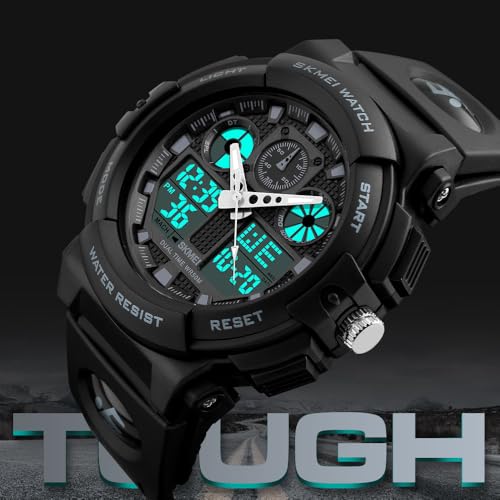 MASTOP Men's Digital Analog Sports Military Watches Waterproof Outdoor LED Backlight Display Alarm Stopwatch - color: Black