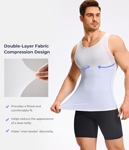 TAILONG Mens Compression Shirt Tank Top Undershirt Shapewear Slimming Body Shaper Vest Mesh Workout Shirts - color: White, size: XX-Large