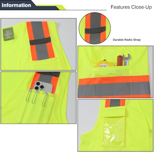 Class 2 High Visibility Reflective Safety Vests Women & Men With 5 Pockets And Zipper Front,Meets Ansi/Isea Standards - size: X-Large