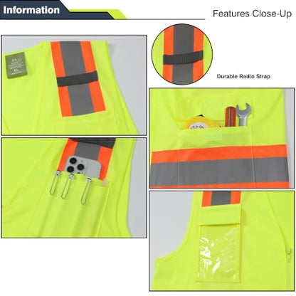 Class 2 High Visibility Reflective Safety Vests Women & Men With 5 Pockets And Zipper Front,Meets Ansi/Isea Standards - size: X-Large