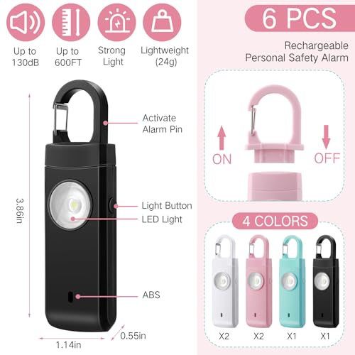 Tellegloww 6 Pcs 130 dB Personal Safety Alarm for Women, Personal Alarm Keychains Loud Siren with LED Strobe Light & Low Battery Notice Rechargeable Self Defense Keychain for Mom(Multicolor,Snap) - color: White,Pink,Blue,Black, style: Snap