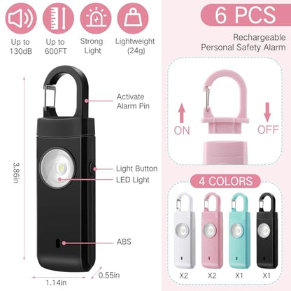 Tellegloww 6 Pcs 130 dB Personal Safety Alarm for Women, Personal Alarm Keychains Loud Siren with LED Strobe Light & Low Battery Notice Rechargeable Self Defense Keychain for Mom(Multicolor,Snap) - color: White,Pink,Blue,Black, style: Snap