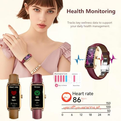Elegant Smart Watch for Women AMOLED Fitness Tracker with Leather Band - color: Champagne Gold Cherry