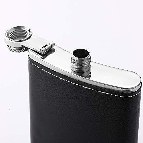 1 Pack Flask for Liquor and Funnel, Premium 8 Oz Leak Proof 18/8 Stainless Steel Pocket Hip Flask with Black Leather Cover, Great Gift Idea