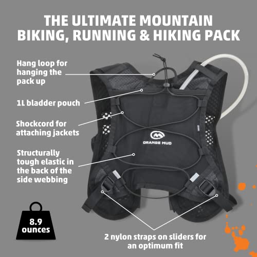 Orange Mud Gear Vest – Lightweight Hydration Pack for Running, Cycling, Triathlon – Holds 1L (35oz), Fits Large Phones, Soft Flasks, Trekking Poles – Breathable & Secure Fit - style: Black V4