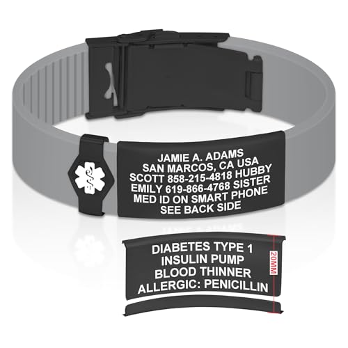 Divoti Custom Dual-Sided Engraved Silicone Medical Alert ID Wristband w/Security Clasp & Trim-to-Fit Band - Style - color: Concrete Gray / PVD Black / White, size: Band Width - 19mm
