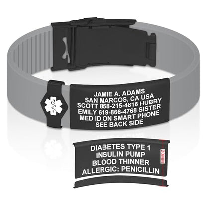 Divoti Custom Dual-Sided Engraved Silicone Medical Alert ID Wristband w/Security Clasp & Trim-to-Fit Band - Style - color: Concrete Gray / PVD Black / White, size: Band Width - 19mm
