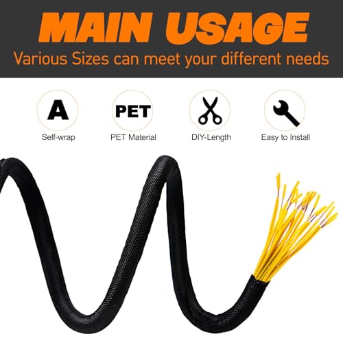 Split Braided Sleeve Cable Management Wire Loom Cord Covers for High-Temperature Automotive Harness and Home Cable Management, 12ft - 1/4 inch Self-Wrapping Tubing Cord Protector - size: 1/4"-12 Feet