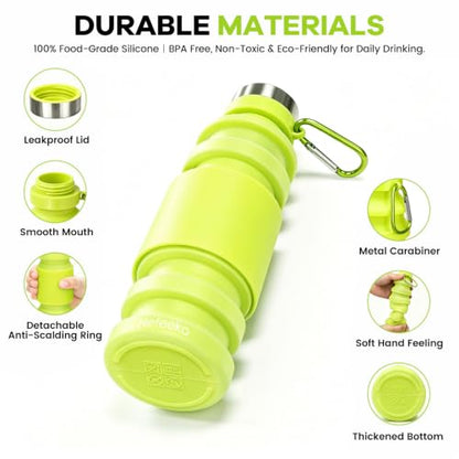 Nefeeko Collapsible Water Bottle, Reuseable BPA Free Silicone Water Bottles - color: Green-18oz