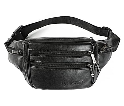 Black Leather Fanny Pack for Men & Women, Fashionable Multi-Pockets Waist Belt Bag for Travel Sports Hiking Cycling Fishing Running - color: 809#black