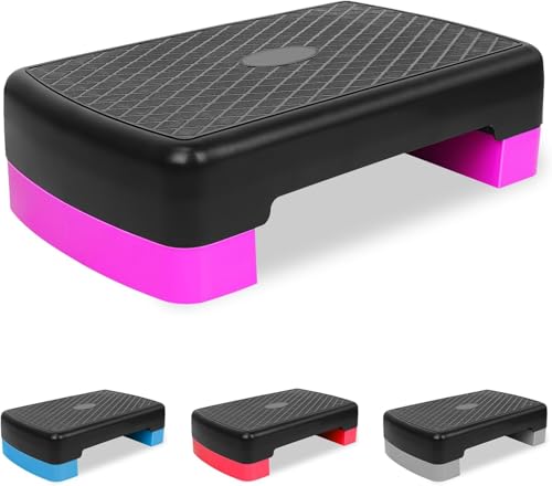 Adjustable Aerobic Step Platform, 18'' Adjustable Aerobics Stepper Workout Stepper 4'' - 6'' Exercise Stepper Workout with Adjustable 2-Level Risers, Aerobics Stepper for Home Gym Cardio Strength & Training - color: Purple