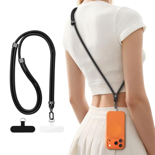 [2026 Upgrade] Phone Lanyard Crossbody with 2 TPU Phone Tabs, Adjustable Anti Theft Phone Strap Crossbody, Zinc Alloy Metal Buckles, Universal Cell Phone Neck Lanyard for Daily & Travel Essentials - color: Black