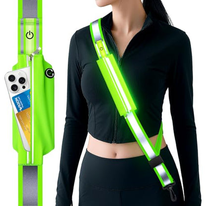 LED Reflective Belt Sash, Rechargeable LED Light Night Safety Walking Gear, High Visibility Adjustable Reflective Gear for Runners Walkers Cyclists at Night (Green) - color: Green