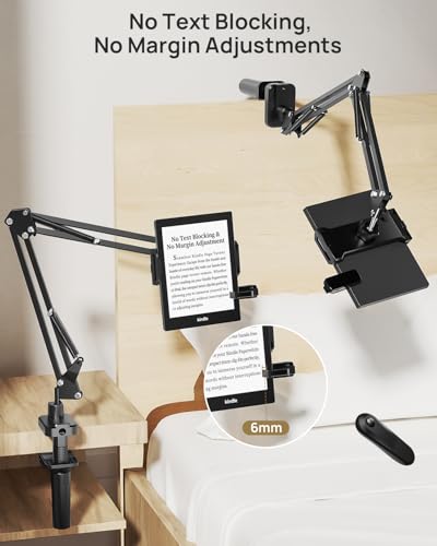 Kindle Holder with Remote Page Turner – Kindle Stand with Remote Page Turner for Bed, Hands-Free Clip Mount, Easy-Adjust Steel Arm (Not Gooseneck), No Text Blocking