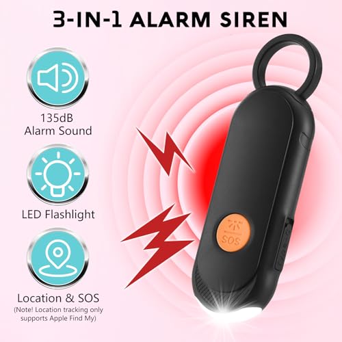 Personal Safety Alarm for Women, Works with Apple Find My, 135dB SOS Siren with Strobe Light, Anti-Loss Pull Pin, Type-C Rechargeable Keychain Alarm, iOS Only