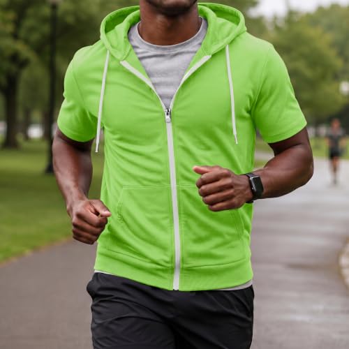 Ohoo Mens Slim Fit Zip up Hoodie Cotton Blend Soft Fabric Short Sleeve Lightweight Comfy Basic Jacket with Kanga Pocket - color: Dcf007-neon Green, size: XX-Large