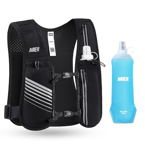 MIER Reflective Running Vest for Men Women with 500ml Soft Hydration Flask - color: Black, size: XSmall/Small