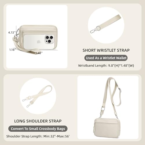 FODOKO Wristlet wallets for Women RFID crossbody bags with 4 Zippers - color: Beige 2