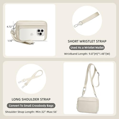FODOKO Wristlet wallets for Women RFID crossbody bags with 4 Zippers - color: Beige 2
