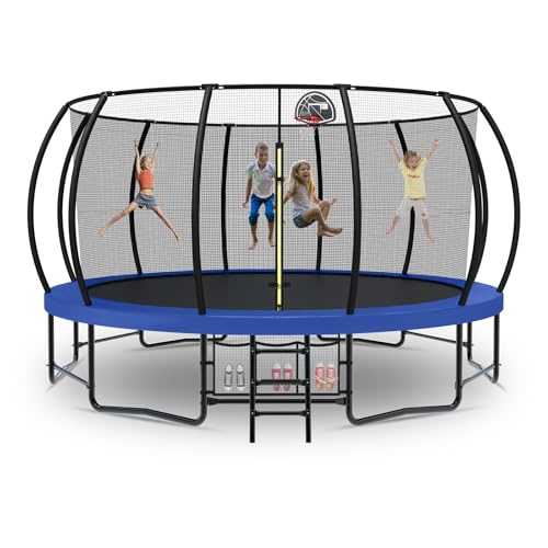Tatub12 14 15 16FT Large Trampoline Outdoor for Kids, Basketball Hoop/Net - color: Blue, size: 15FT with Storage Bag
