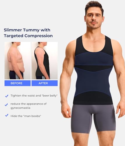 TAILONG Mens Compression Shirt - Slimming Body Shaper Sleeveless Workout Tank Top Undershirts Tummy Control Vest - color: Black, size: X-Large