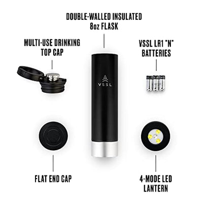 VSSL Insulated Flask with Light, 8 oz Double-Walled Vacuum Sealed Stainless Steel, Leak-Proof Drinking Cap, Split Flip Carabiner for Easy Attachment, Black
