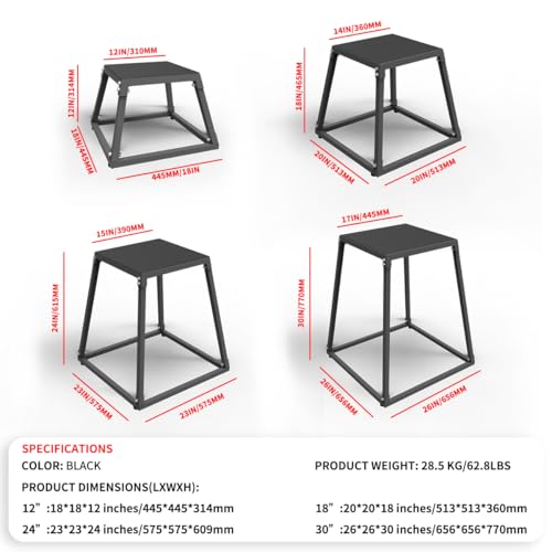 GarveeLife Plyometric Jumping Box, Steel Plyo Box for Exercise - color: Black, size: 12/18/24 Inch