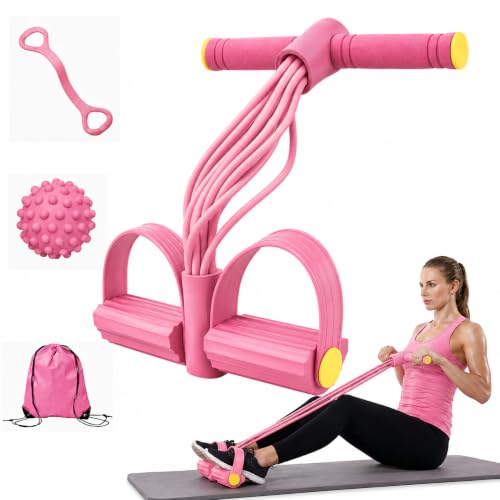 5PCS Ultimate Multifunction Pedal Resistance Bands with Handles - Foot Pedal Resistance Band for Total Body Workout, Includes Massage Ball,Bag &Quick Start Guide - color: Pink