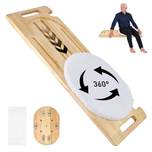 NEDVI Wooden Slide Transfer Board with Track Pulley Turntable – 500lb Weight Capacity for Seniors, Handicap, and Patient Wheelchair Transfers to Car,Bed,Toilet, Tub – Move Assist（31x11x1”)