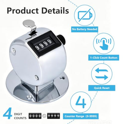 5Pcs Clicker Counter Set, 4 Digit Hand Counter Clicker with Loop, Metal Hand Tally Counter with Round Base for Sports, Events, Game, Scores, Golf, Silver