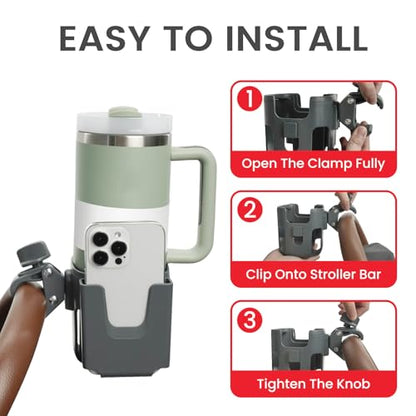 Stroller Cup Holder Attachment with Phone Holder Grey