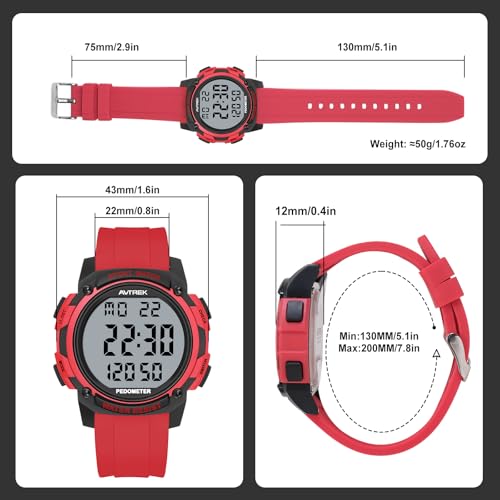 AVTREK Pedometer Watch for Walking Steps and Miles No Bluetooth/APP Needed - color: Red