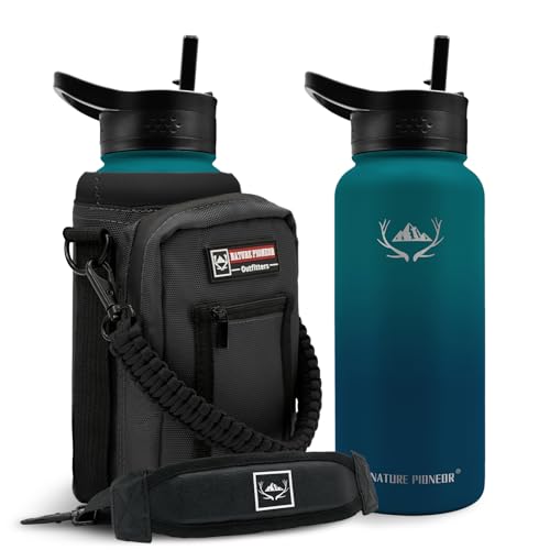NATURE PIONEOR 32 oz Insulated Water Bottle with Carrier Bag & 3 Lids - color: Malachite Blue, size: 32 Ounces