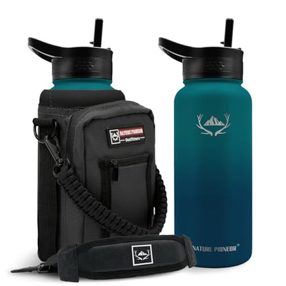 NATURE PIONEOR 32 oz Insulated Water Bottle with Carrier Bag & 3 Lids - color: Malachite Blue, size: 32 Ounces