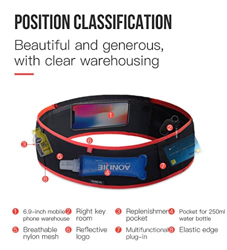 AONIJIE Running Belt Fanny Pack with 250ml Soft Water Bottle Flask for Women Men, Moisture Wicking Waist Pack Great for Marathon Climbing Jogging Cycling, for 6.8in Mobile Phone (Black Red: L/XL) - color: Black Red: L/XL
