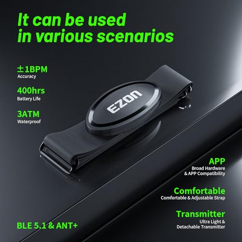 EZON Heart Rate Monitor Chest Strap, Bluetooth 5.1 & ANT+ Sensor, 3ATM Waterproof, Compatible with Garmin, Wahoo, Polar, Strava for Running, Cycling, Workout, Army Green (C009 Pro)