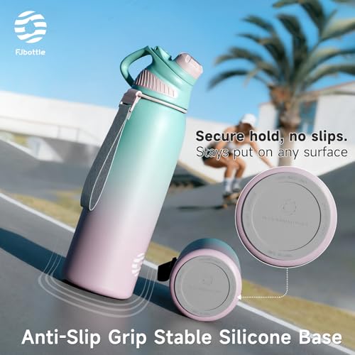 FJbottle 50oz Stainless Steel Insulated Water Bottle No Straw Spout Lid - color: Green-Pink, size: 50 Ounces