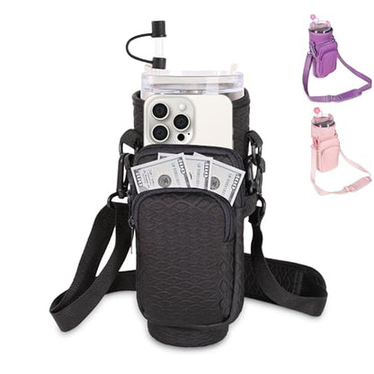 &And Per Se Water Bottle Shoulder Bag with Phone Pocket, Compatible with Stanley 30oz Tumblers - Neoprene Carrier with Adjustable Strap & Charm Accessory (Black) - color: Black, size: 30oz