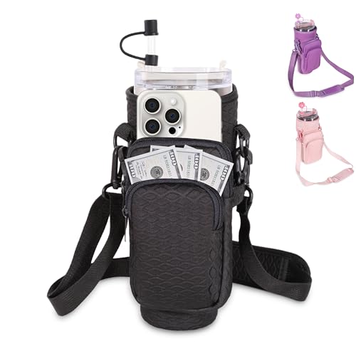 &And Per Se Neoprene Water Bottle Carrier Bag for Stanley 40oz Tumbler, Crossbody Sling with Phone Pocket & Detachable Strap, Adjustable Shoulder Holder Pouch with Charm, for Gym Travel(Black) - color: Black, size: 40oz