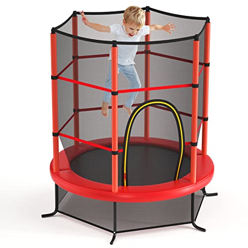 GYMAX Toddler Trampoline, 55” Trampoline for Kids with Bottom-to-Top All-Round Enclosure Net & Seamless Jumping Mat, ASTM Approved Easy Assembly Kids Mini Trampolines Indoor/Outdoor - color: Shine Red
