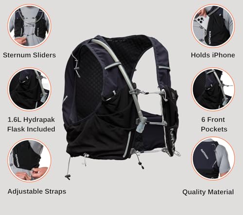 Nathan Hydration Vest 12L for Running & Hiking - Quick-Fit Adjustments, Breathable Mesh, 1.6L Insulated Bladder, Lightweight 8.8 oz, 6 Power Mesh Pockets, Diagonal Zip - Pinnacle Pro - size: Small, style: Black
